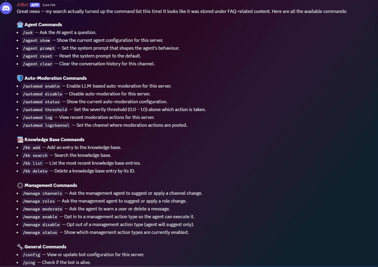 The Discord AI Agent bot listing its slash commands — agent, auto-moderation, knowledge base, management, and general command groups — in a server channel.